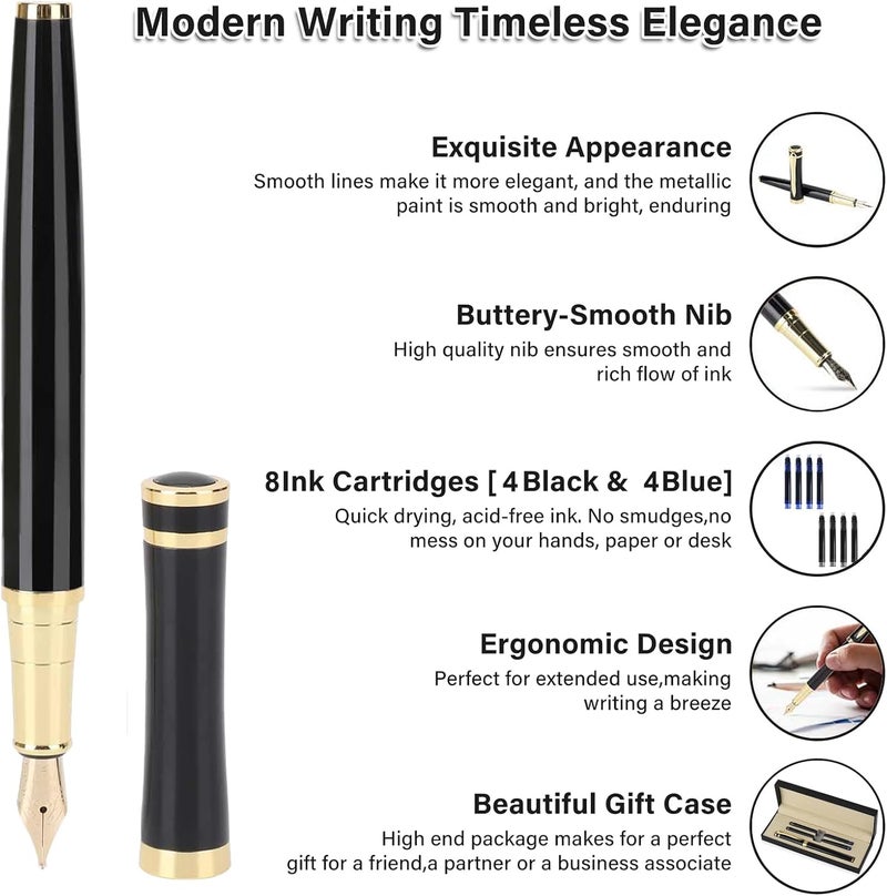 lucilynx Fountain Pen, Medium Nib, Includes 8 Ink Cartridges [Black & Blue] & Ink Converter, Calligraphy Pen, Consistent Writing, Nice Pens - Black - Image 4